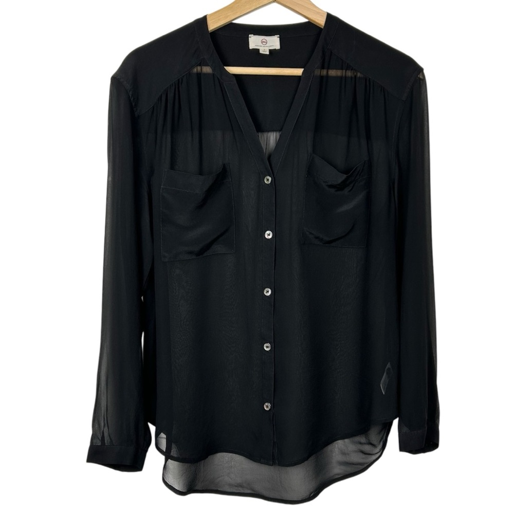 AG Adriano Goldschmied 100% Silk Split Neckline Sheer Blouse, Black, Size Small - Picture 13 of 13